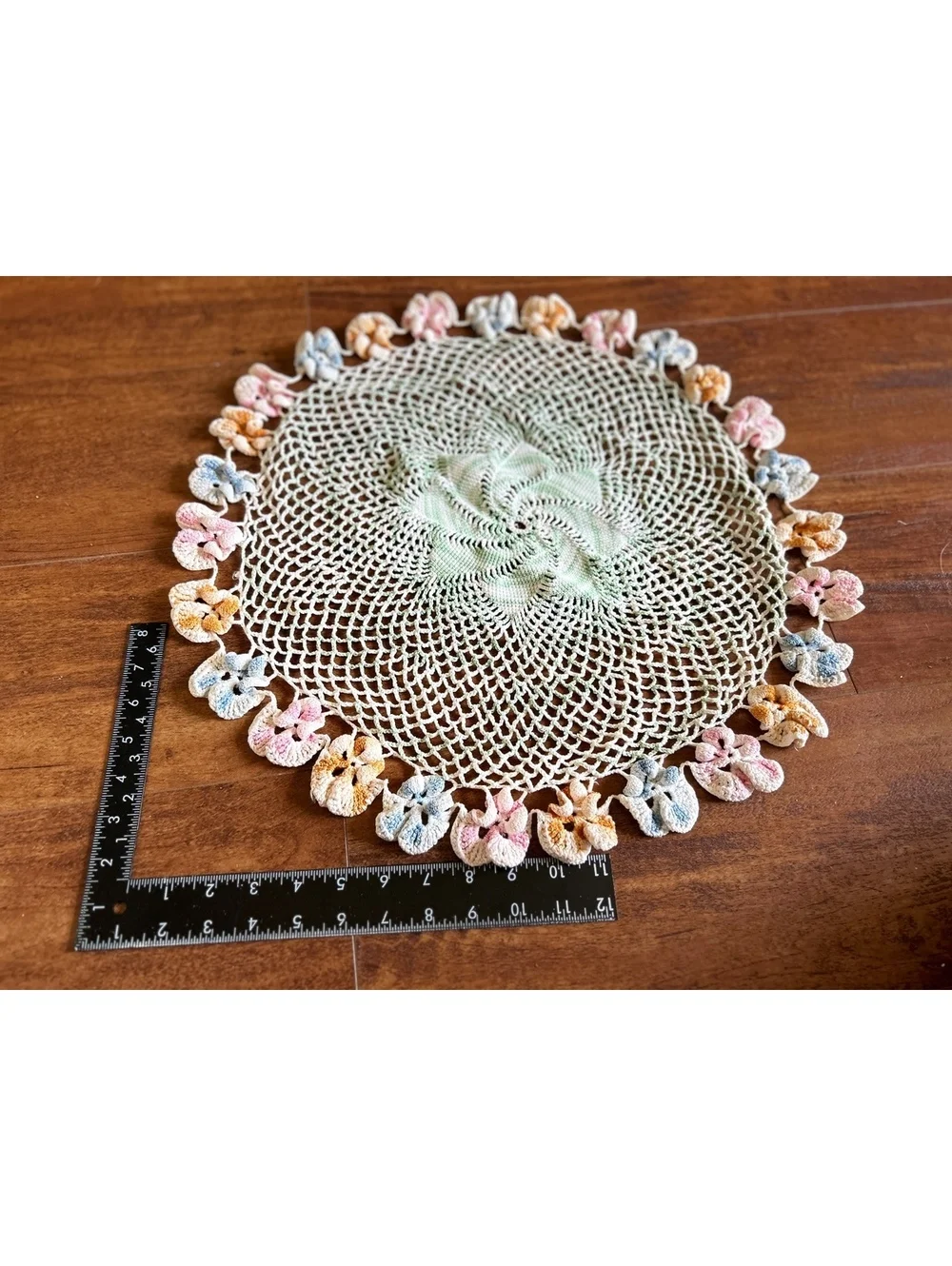 Vintage Handmade Crochet Doily with Colorful Floral Edging